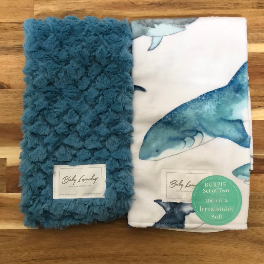 Baby Laundry Soft Minky Burp Cloths Shark Design Set of 2 Blue - NWT
